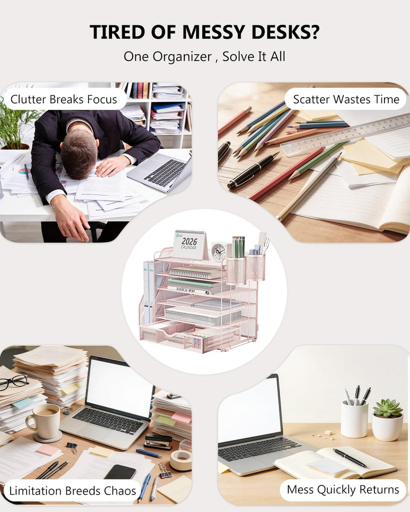 WALI Desk File Organizer, 6 Tier Desktop Paper Letter Tray Organizer with Drawer and 2 Pen Holders, Office Desk Accessories & Workspace Organizers for Office, Home Supplies(DO007DH-P), 1 Pack, Pink
