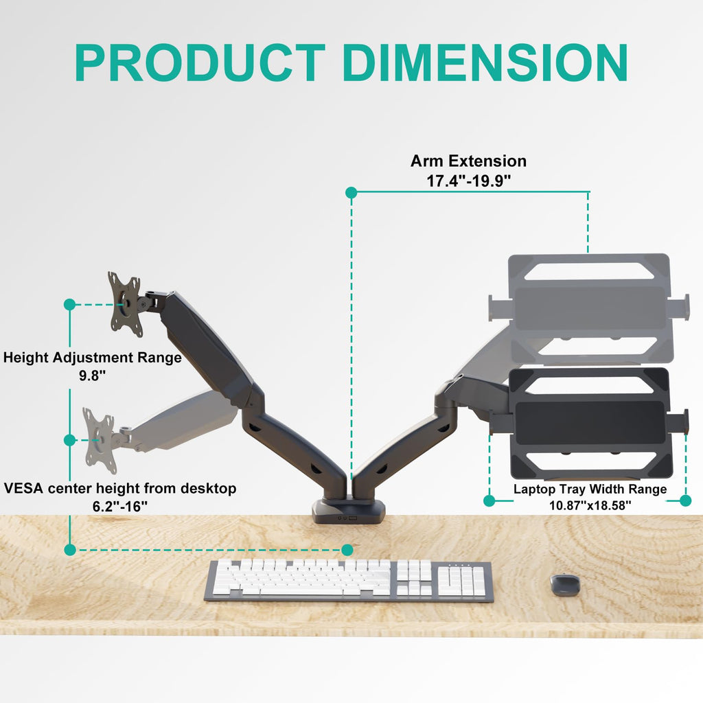 WALI Laptop Mount for Desk, Laptop Arm Mount for 17"-32”Computer Screen and 11.6" - 17.3" Notebook,Dual Monitor Mount Holds up to 19.8lbs, Laptop Tray Stand with Gas Spring Arm (GSMP002LP), Black