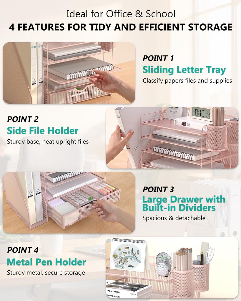WALI Desk File Organizer, 5 Tier Desktop Paper Letter Tray Organizer with Drawer and 2 Pen Holders, Office Desk Accessories & Workspace Organizers for Office, Home Supplies(DO006DH-P), 1 Pack, Pink