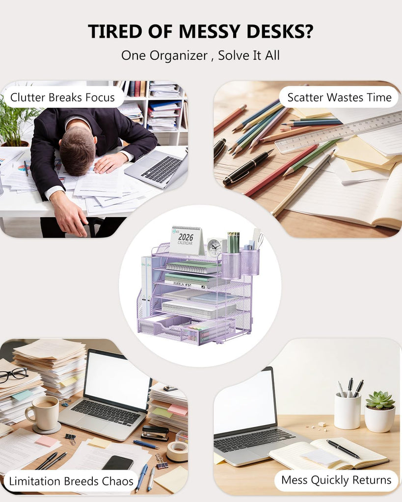 WALI Desk File Organizer, 6 Tier Desktop Paper Letter Tray Organizer with Drawer and 2 Pen Holders, Office Desk Accessories & Workspace Organizers for Office, Home Supplies(DO007DH-V), 1 Pack, Purple