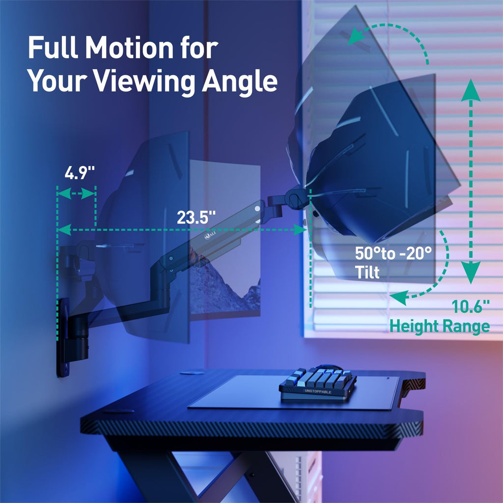 WALI Single Monitor Wall Mount, Heavy Duty Monitor Arm for Ultrawide Screens up to 49 inch, 44 lbs. Fully Adjustable Gas Spring Arm Max Extension 16.7 inch (GSWM001XL-P), Black