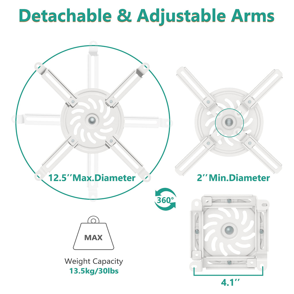 WALI Projector Ceiling Mount, Universal Low Profile Projector Mount with Retractable Arms and Multiple Adjustment Function (PM-002-W), White