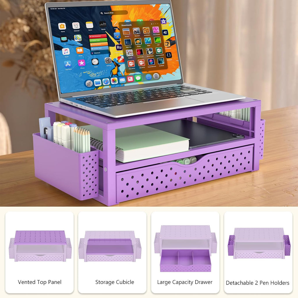 WALI Desk Organizer with Drawer and Pen Holder, 3 Tier Computer Monitor Stand for Home Office Supplies, Laptop Stand Riser for Computer, Laptop, Printer(PTT004-V), 1 Pack, Purple