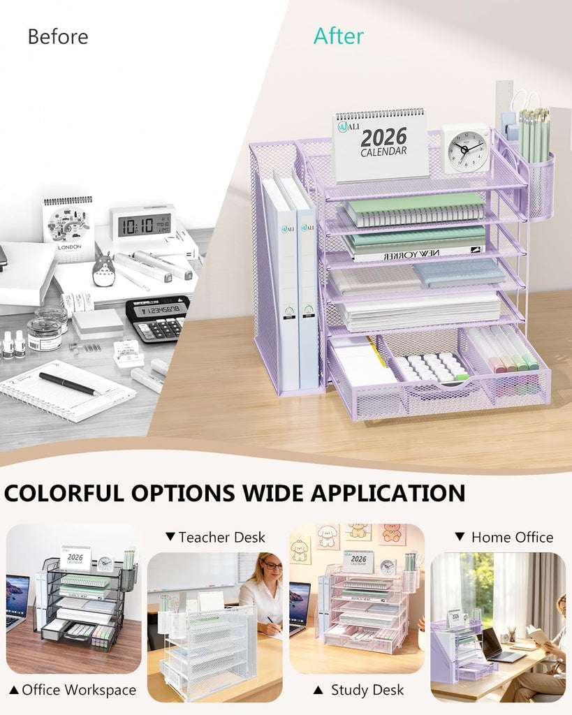 WALI Desk File Organizer, 6 Tier Desktop Paper Letter Tray Organizer with Drawer and 2 Pen Holders, Office Desk Accessories & Workspace Organizers for Office, Home Supplies(DO007DH-V), 1 Pack, Purple