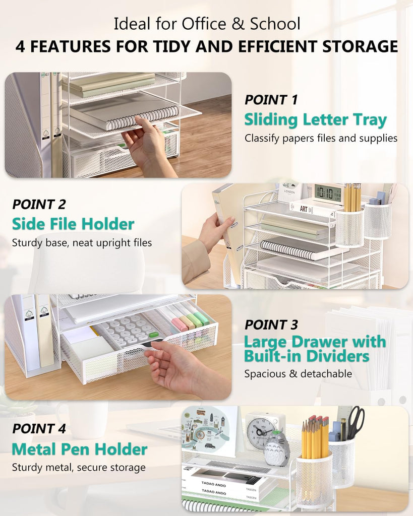 WALI Desk File Organizer, 5 Tier Desktop Paper Letter Tray Organizer with Drawer and 2 Pen Holders, Office Desk Accessories & Workspace Organizers for Office, Home Supplies(DO006DH-W), 1 Pack, White