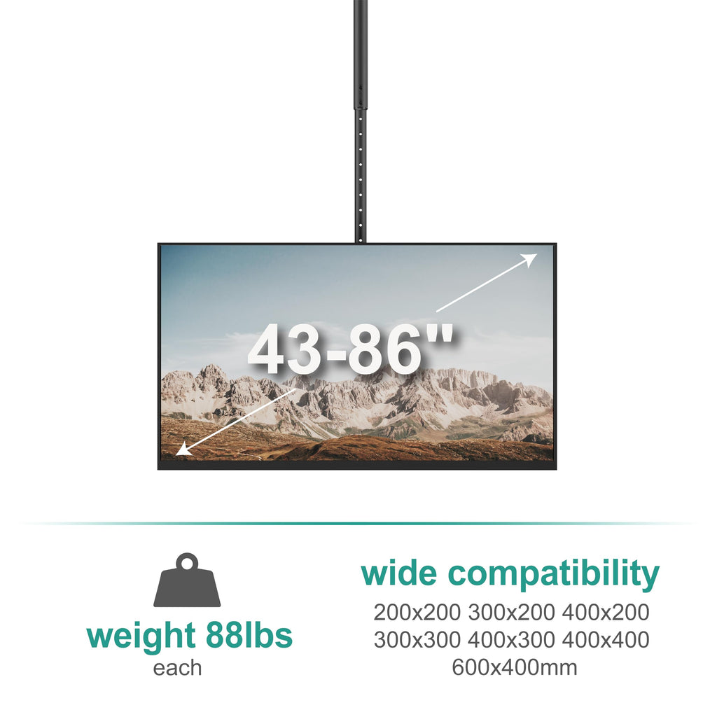 WALI Ceiling TV Mount Dual Screen Back to Back Fits Most Display 43 to 86 Inch TV, Up to 176lbs, 88 lbs for Each Screen, Height Extension up to 66.5 Inch, Mounting Holes 600x400mm (CM4386-2S), Black