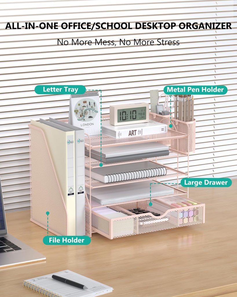 WALI Desk File Organizer, 5 Tier Desktop Paper Letter Tray Organizer with Drawer and 2 Pen Holders, Office Desk Accessories & Workspace Organizers for Office, Home Supplies(DO006DH-P), 1 Pack, Pink