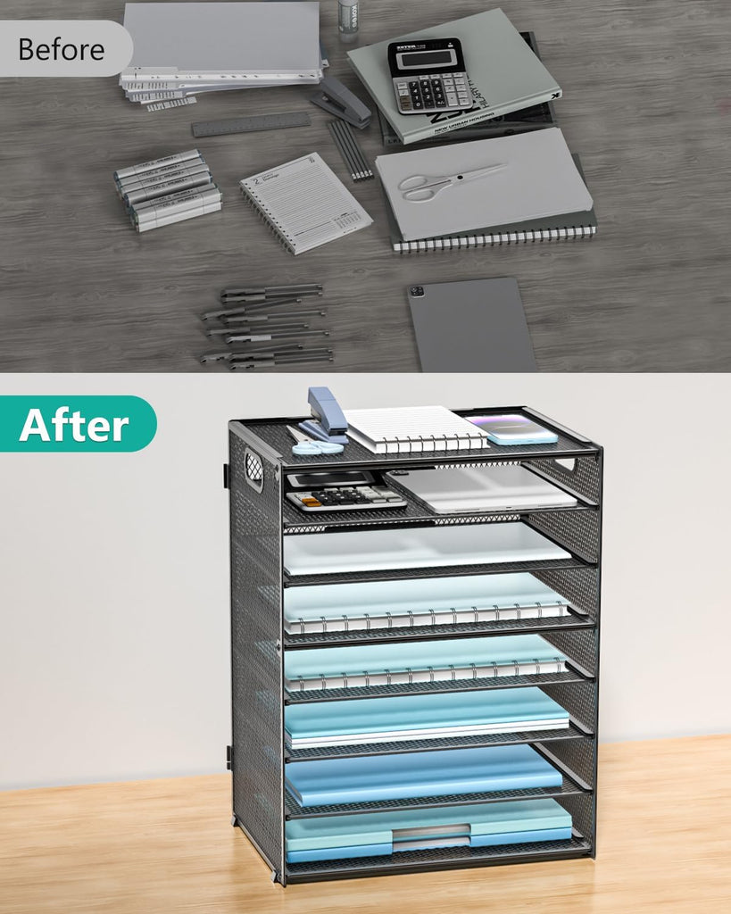 WALI Desk File Organizer, 8 Tier Desktop Paper Letter Tray Organizer with Handle, Office Desk Accessories & Workspace Organizers for Office, Home, School Supplies, 1 Pack, Black