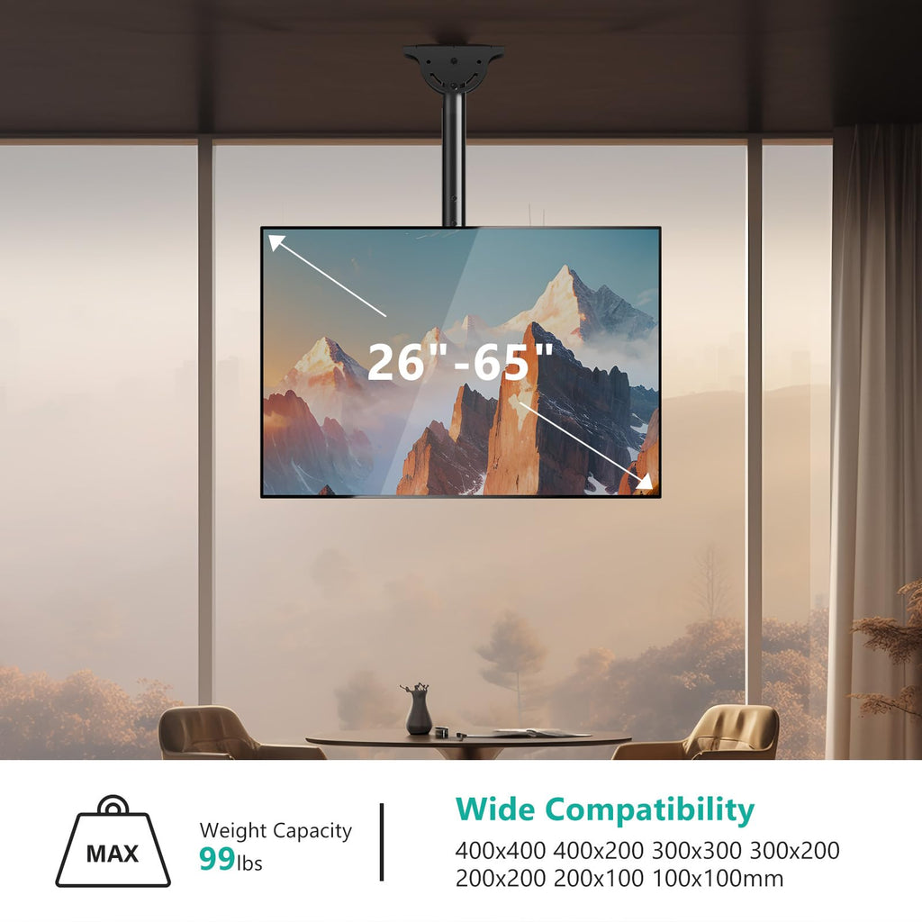 WALI Ceiling TV Mount, Full Motion Adjustable Mount Bracket Fits Most LED, LCD, OLED 4K TVs 26 to 65 inch, up 99lbs, Mounting Holes 400x400mm (CM2665-P), Black