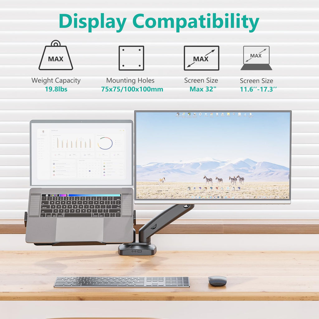 WALI Laptop Mount for Desk, Laptop Arm Mount for 17"-32”Computer Screen and 11.6" - 17.3" Notebook,Dual Monitor Mount Holds up to 19.8lbs, Laptop Tray Stand with Gas Spring Arm (GSMP002LP), Black