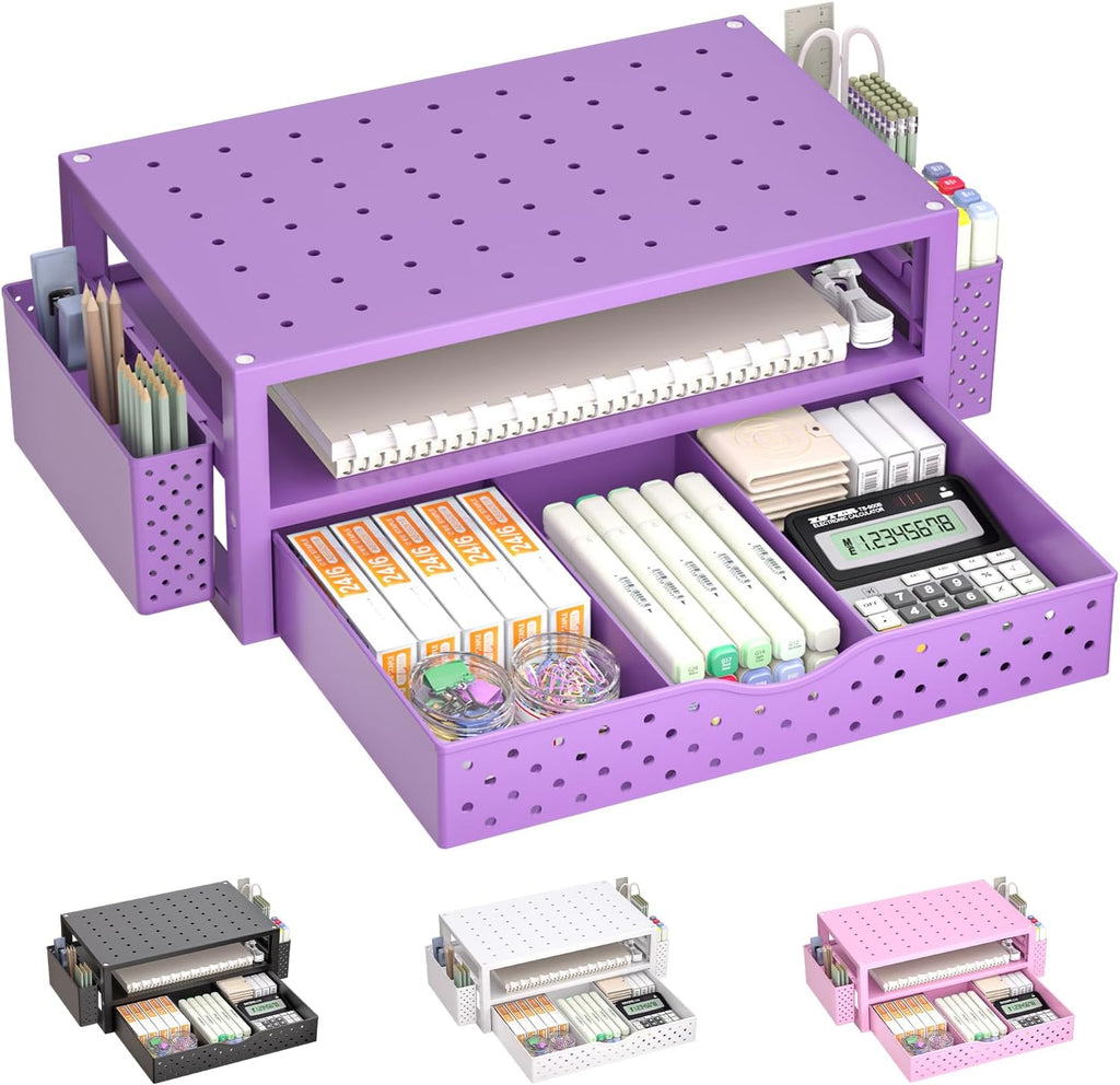 WALI Desk Organizer with Drawer and Pen Holder, 3 Tier Computer Monitor Stand for Home Office Supplies, Laptop Stand Riser for Computer, Laptop, Printer(PTT004-V), 1 Pack, Purple