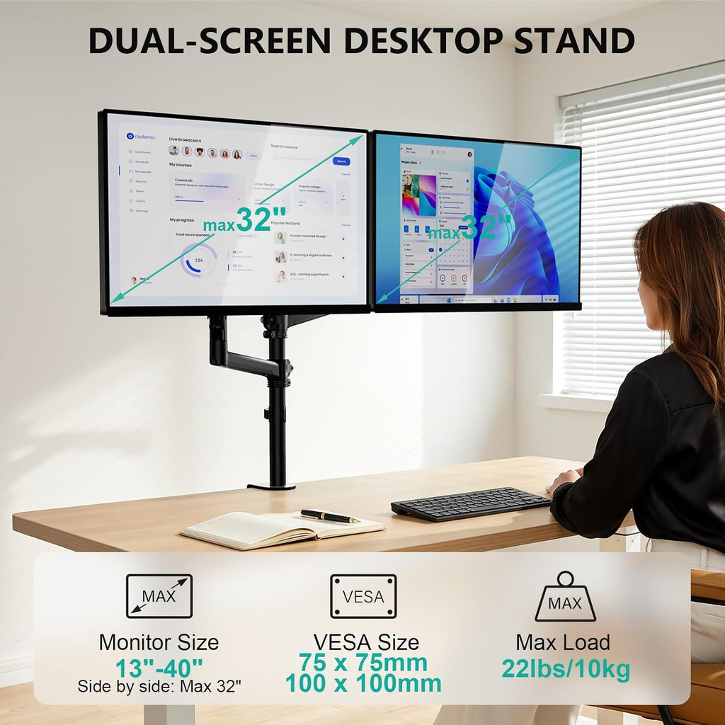 WALI Vertical Dual Monitor Mount for 13-40 inch Curved Screens, up to 22lbs | Stacked Monitor Stand, 31.5 inch Extra Tall Pole, Full Motion with Tilt, Swivel, Rotation, C-Clamp, VESA 75/100mm (GSDM002XL)