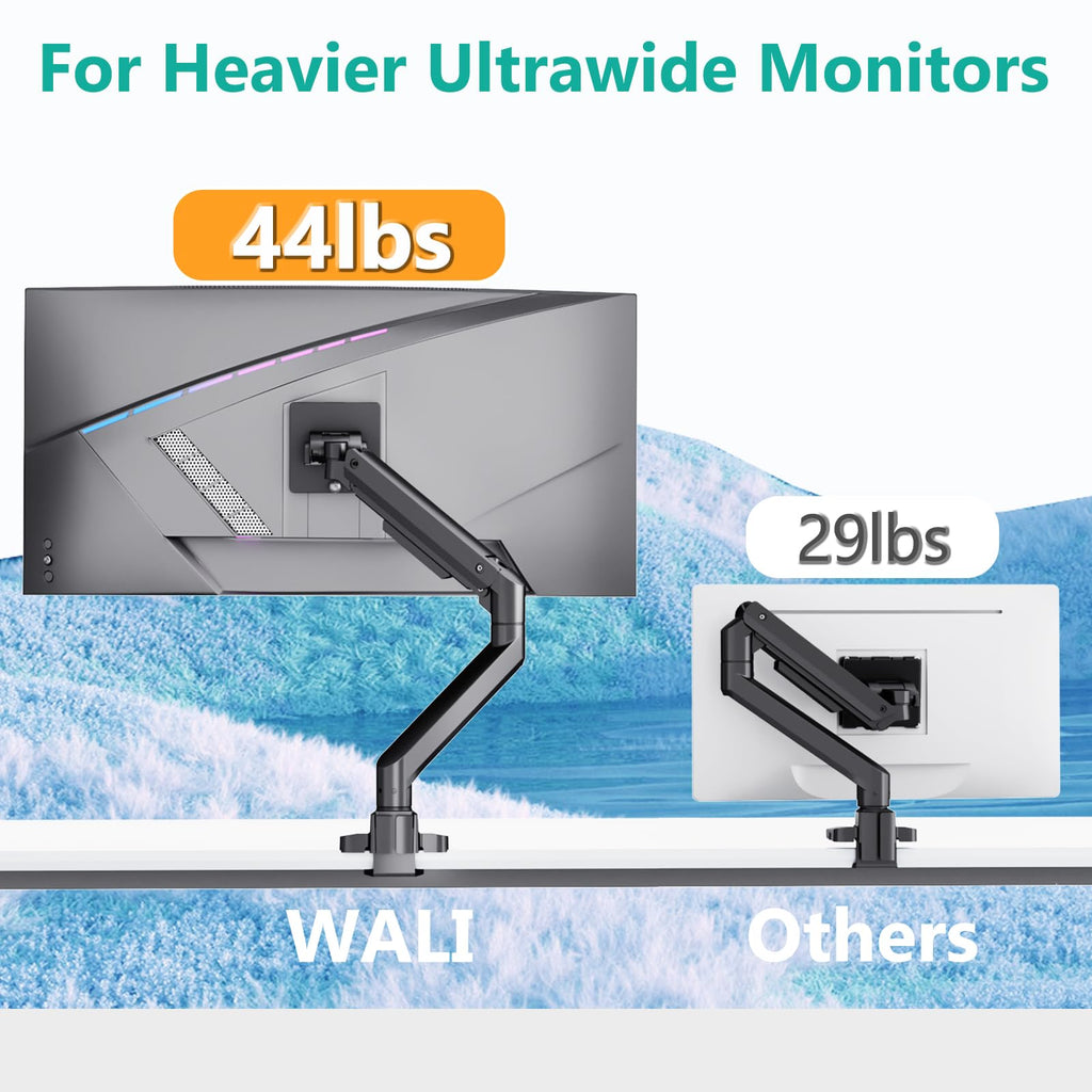 WALI Single Monitor Arm, Gas Spring Mount up to 49 inches, Ultrawide Monitor Arm Holds up to 44lbs, Heavy Duty Desk Mount with C Clamp and Grommet Base (GSM001XL-P), Black