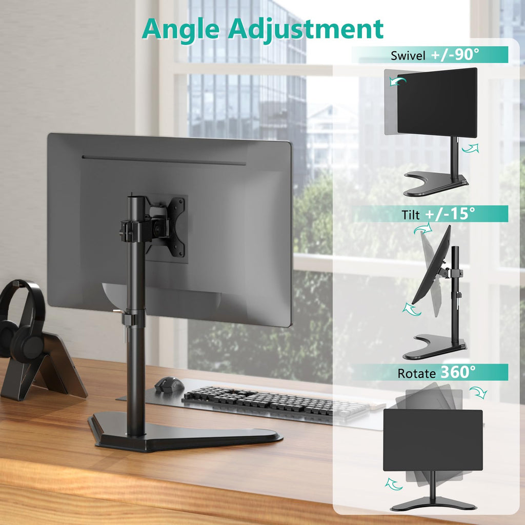 WALI Single Monitor Stand for 13-32 Inch Computer Screens, Freestanding Single Monitor Arm Desk Mount, Universal VESA Monitor Mount 75x75/100x100mm, Adjustable Height and Angle, (MF001), Black