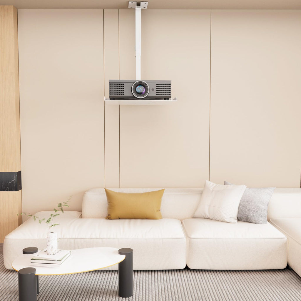 WALI Projector Ceiling Mount Tray，Projector Wall Mount Holds up to 22lbs，Height Adjustable Universal Projection Mount Tray 13.7'' x 8.6'', No Hole Installation, Hidden Cable Routing, White (PM-005-W)
