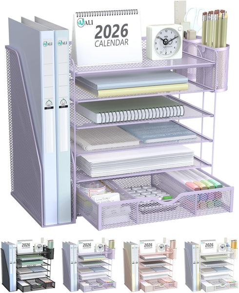 WALI Desk File Organizer, 6 Tier Desktop Paper Letter Tray Organizer with Drawer and 2 Pen Holders, Office Desk Accessories & Workspace Organizers for Office, Home Supplies(DO007DH-V), 1 Pack, Purple
