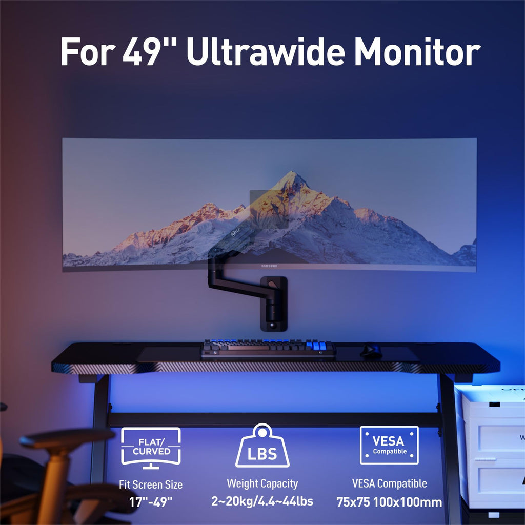 WALI Single Monitor Wall Mount, Heavy Duty Monitor Arm for Ultrawide Screens up to 49 inch, 44 lbs. Fully Adjustable Gas Spring Arm Max Extension 16.7 inch (GSWM001XL-P), Black