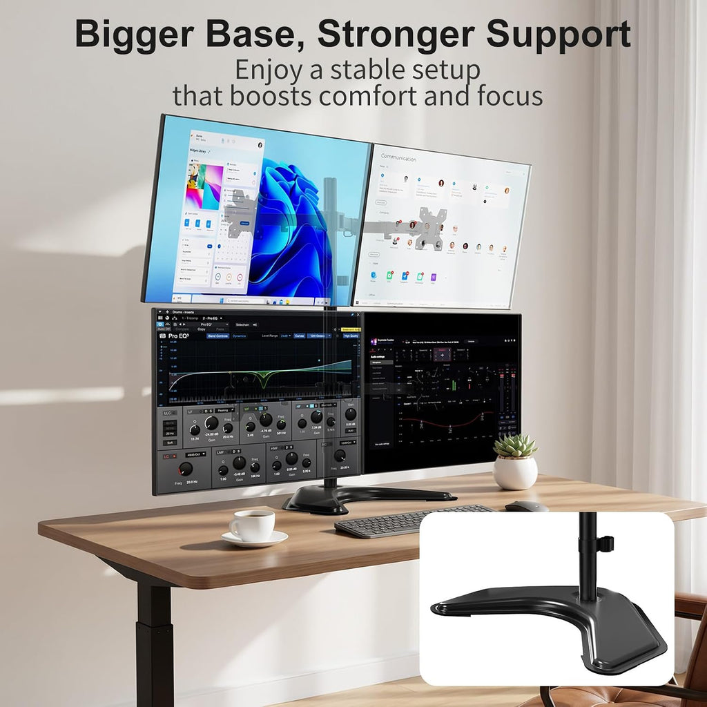 WALI Adjustable 4 Monitor Mount for Max 27 inch Screens, 17.6lbs per Arm Freestanding Quad Monitor Stand, Stacked 4 Desk Arm with Tilt, Swivel, Rotation, VESA 75x75/100x100mm (MF004), Black