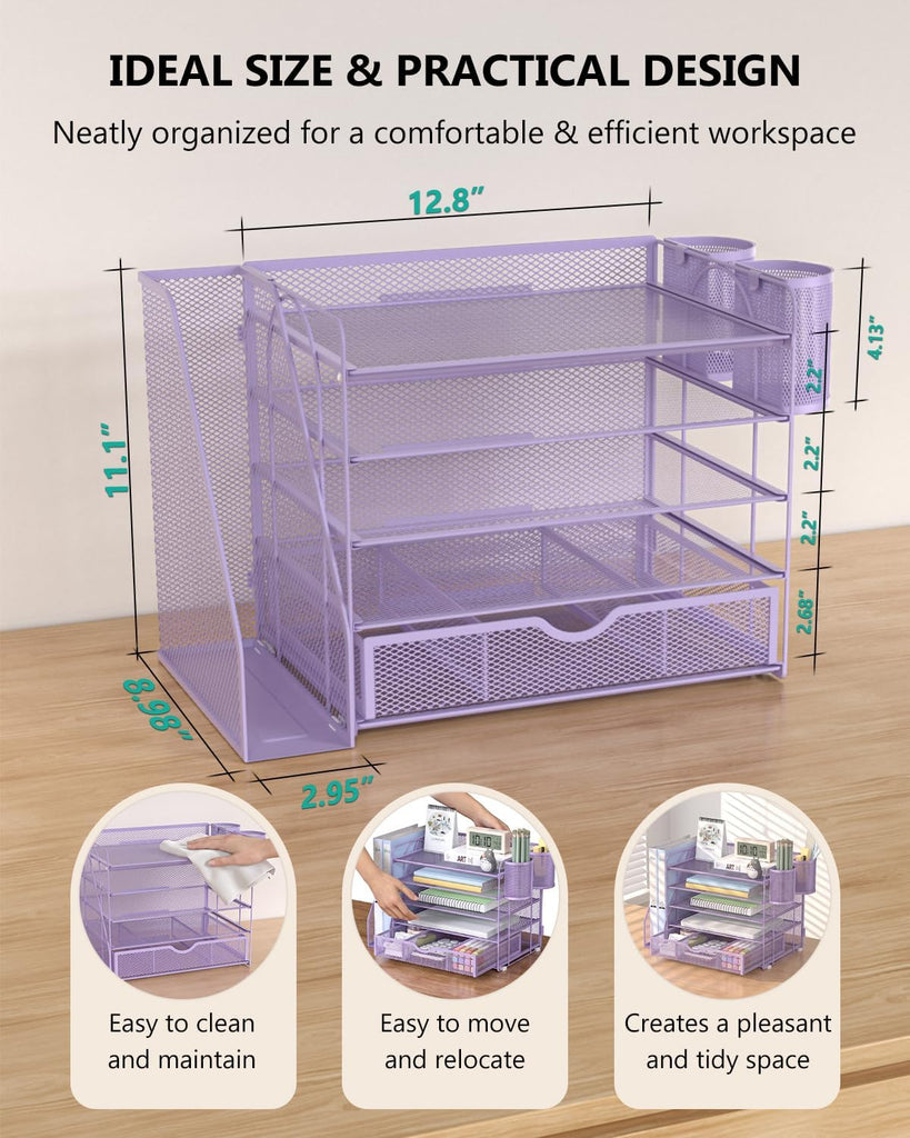 WALI Desk File Organizer, 5 Tier Desktop Paper Letter Tray Organizer with Drawer and 2 Pen Holders, Office Desk Accessories & Workspace Organizers for Office, Home Supplies(DO006DH-V), 1 Pack, Purple