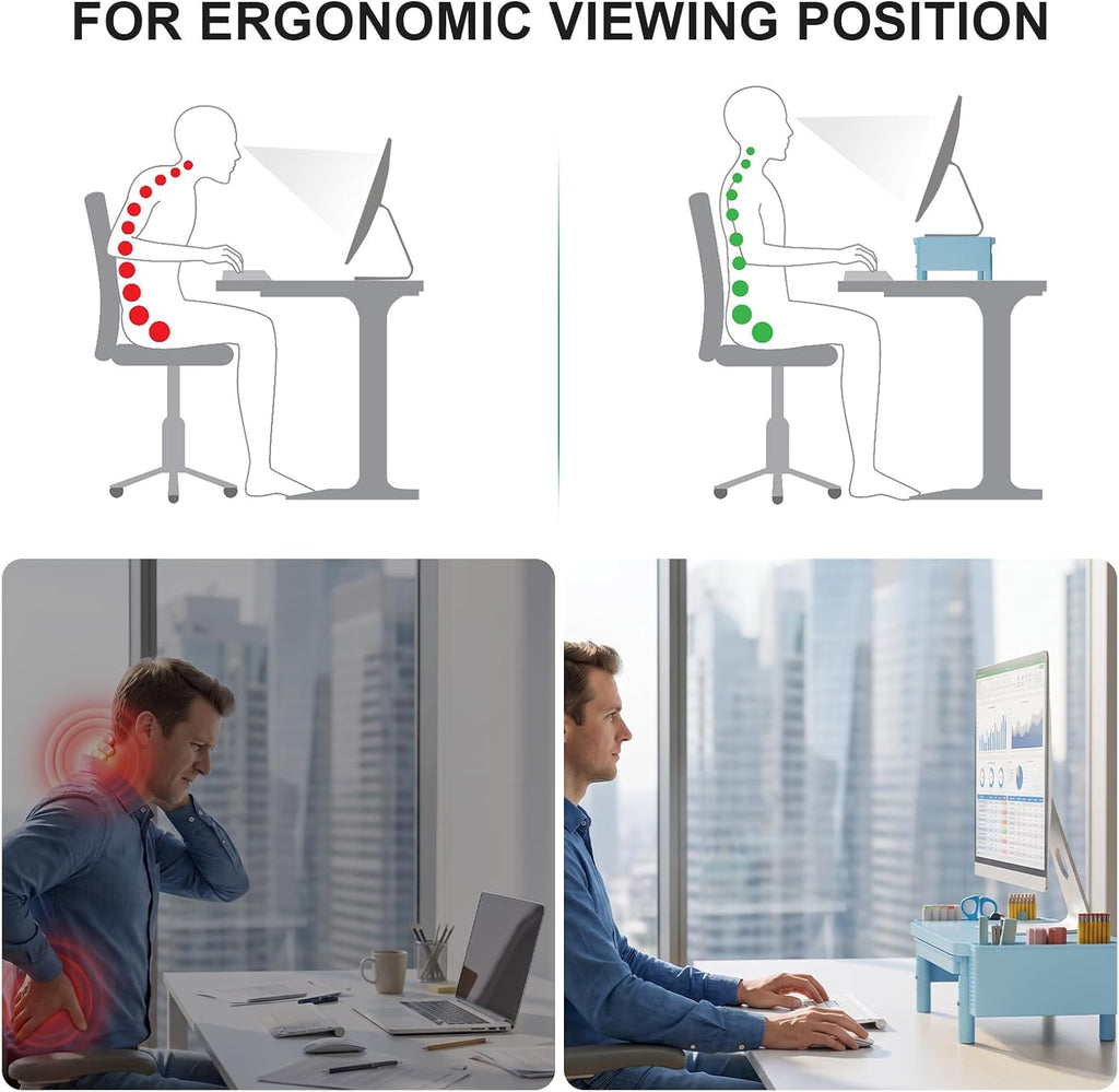 WALI Computer Monitor Stand with Storage and Pen Holder 3 Height Adjustable Desk Organizer with Drawer, Desk Laptop Monitor Riser for Computer, Printer(PTT003-S), 1 Pack, Blue