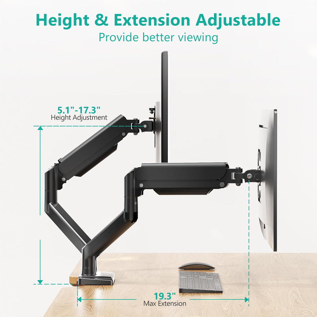 WALI Dual Monitor Mount, Adjustable Gas Spring Monitor Desk Stand for 2 Monitors, Heavy Duty Monitor Arm up to 32 Inch Screen, Hold up to MAX 22lbs, Max Mounting Holes 100x100mm (GSMP002N), Black