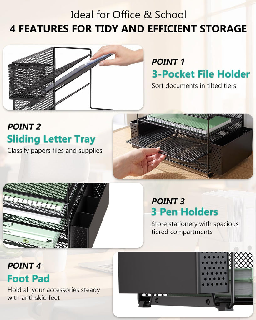 WALI Desk File Organizer, 7 Tier Desktop Paper Letter Tray Organizer with Drawer and 3 Pen Holders, Office Desk Accessories & Workspace Organizers for Office, Home, School Supplies, 1 Pack, Black