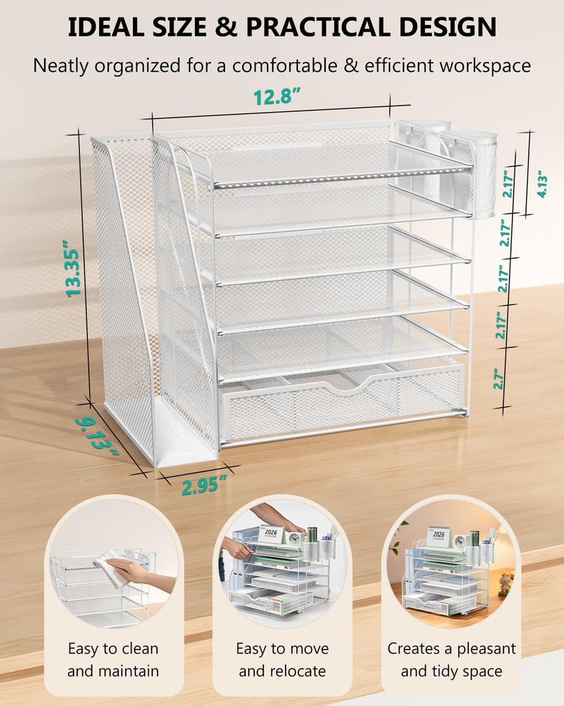 WALI Desk File Organizer, 6 Tier Desktop Paper Letter Tray Organizer with Drawer and 2 Pen Holders, Office Desk Accessories & Workspace Organizers for Office, Home Supplies(DO007DH-W), 1 Pack, White