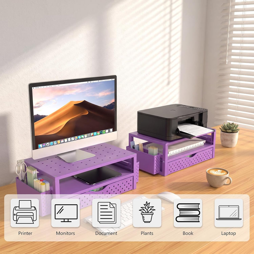 WALI Desk Organizer with Drawer and Pen Holder, 3 Tier Computer Monitor Stand for Home Office Supplies, Laptop Stand Riser for Computer, Laptop, Printer(PTT004-V), 1 Pack, Purple