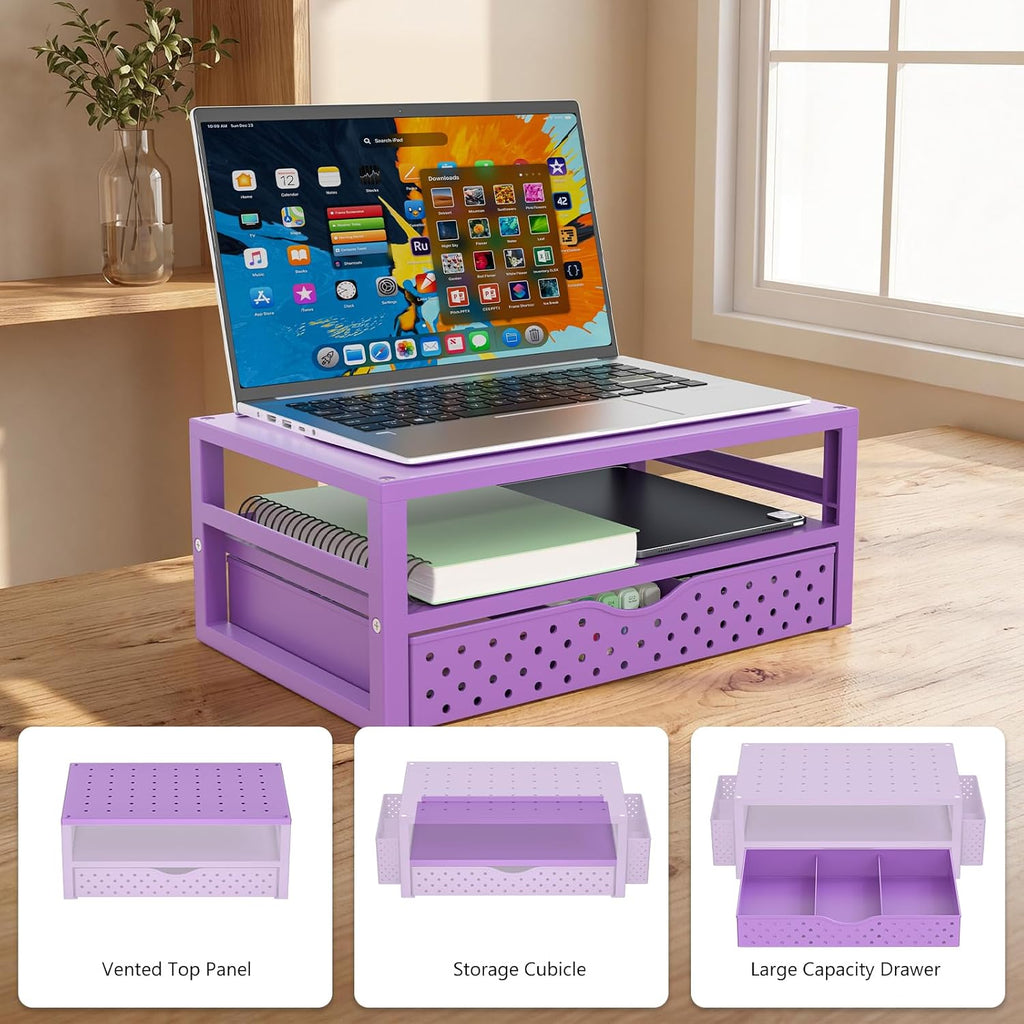 WALI Desk Organizer with Drawer，Computer Monitor Stand with Storage, Desk Organizers and Accessories for Computer, Printer, Laptop Riser for Home Office Supplies, (PTT005-V), 1 Pack, Purple