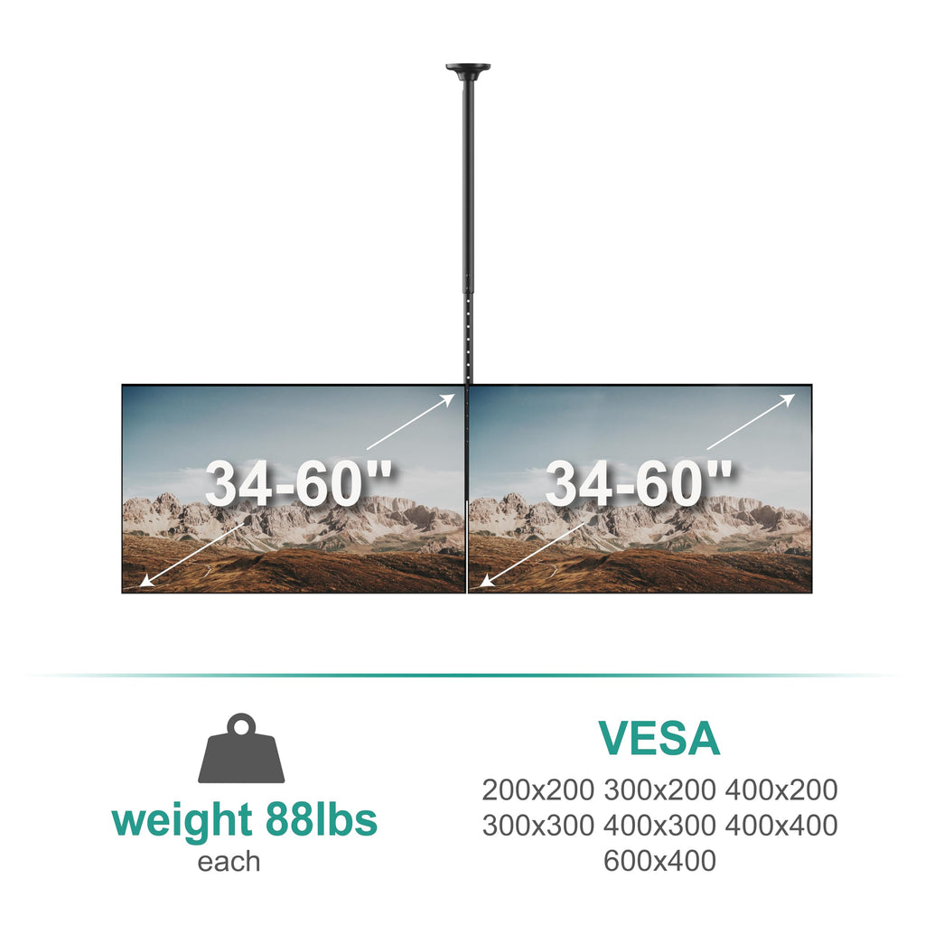 WALI Ceiling TV Mount Dual Screen Side by Side Fits Most Display 34 to 60 Inch TV, Up to 176lbs, 88 lbs for Each Screen, Height Extension up to 65.6 Inch, Mounting Holes 600x400mm (CM3460-2), Black