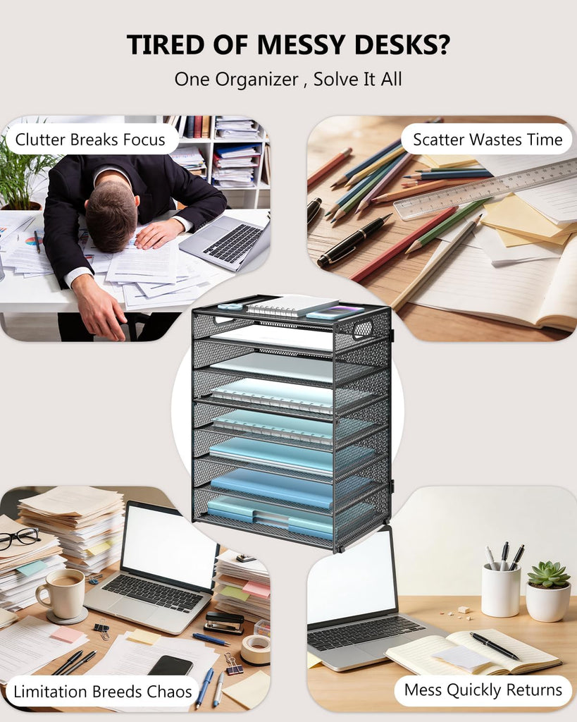 WALI Desk File Organizer, 8 Tier Desktop Paper Letter Tray Organizer with Handle, Office Desk Accessories & Workspace Organizers for Office, Home, School Supplies, 1 Pack, Black