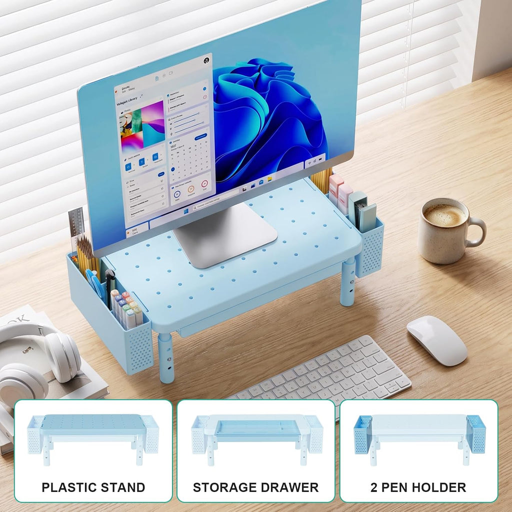 WALI Computer Monitor Stand with Storage and Pen Holder 3 Height Adjustable Desk Organizer with Drawer, Desk Laptop Monitor Riser for Computer, Printer(PTT003-S), 1 Pack, Blue