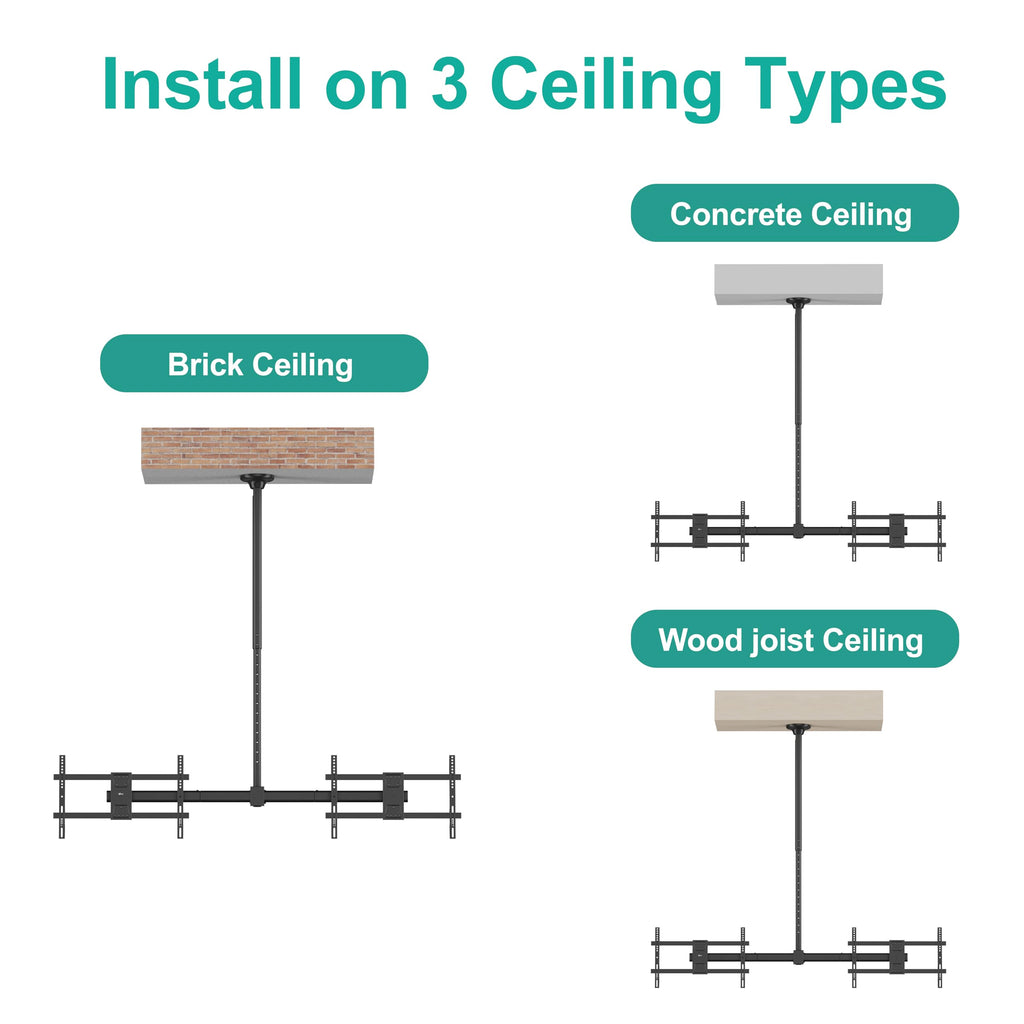 WALI Ceiling TV Mount Dual Screen Side by Side Fits Most Display 34 to 60 Inch TV, Up to 176lbs, 88 lbs for Each Screen, Height Extension up to 65.6 Inch, Mounting Holes 600x400mm (CM3460-2), Black