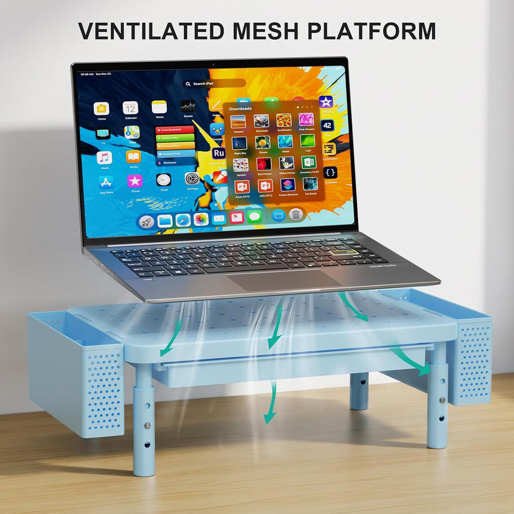 WALI Computer Monitor Stand with Storage and Pen Holder 3 Height Adjustable Desk Organizer with Drawer, Desk Laptop Monitor Riser for Computer, Printer(PTT003-S), 1 Pack, Blue