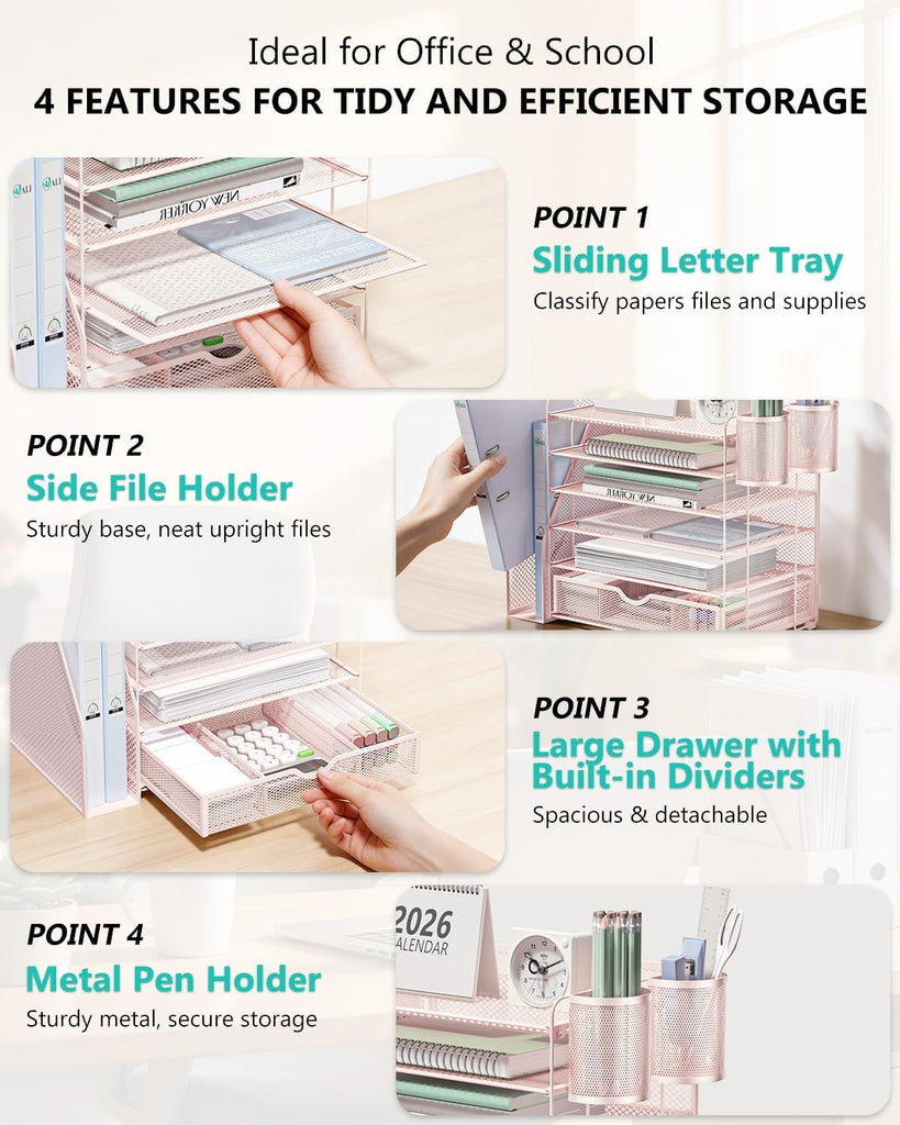 WALI Desk File Organizer, 6 Tier Desktop Paper Letter Tray Organizer with Drawer and 2 Pen Holders, Office Desk Accessories & Workspace Organizers for Office, Home Supplies(DO007DH-P), 1 Pack, Pink