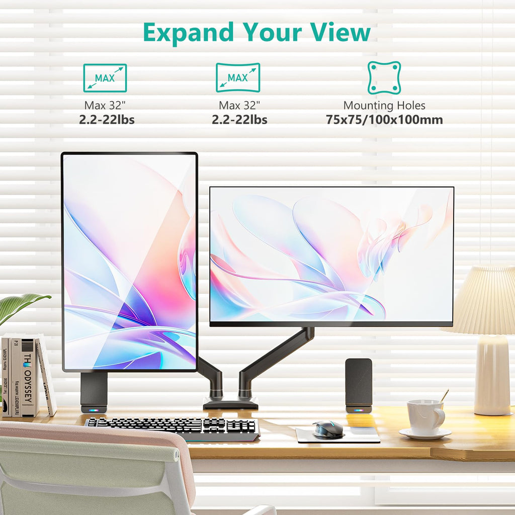 WALI Dual Monitor Mount, Adjustable Gas Spring Monitor Desk Stand for 2 Monitors, Heavy Duty Monitor Arm up to 32 Inch Screen, Hold up to MAX 22lbs, Max Mounting Holes 100x100mm (GSMP002N), Black