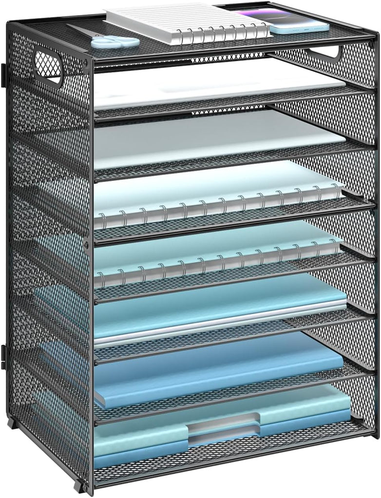 WALI Desk File Organizer, 8 Tier Desktop Paper Letter Tray Organizer with Handle, Office Desk Accessories & Workspace Organizers for Office, Home, School Supplies, 1 Pack, Black
