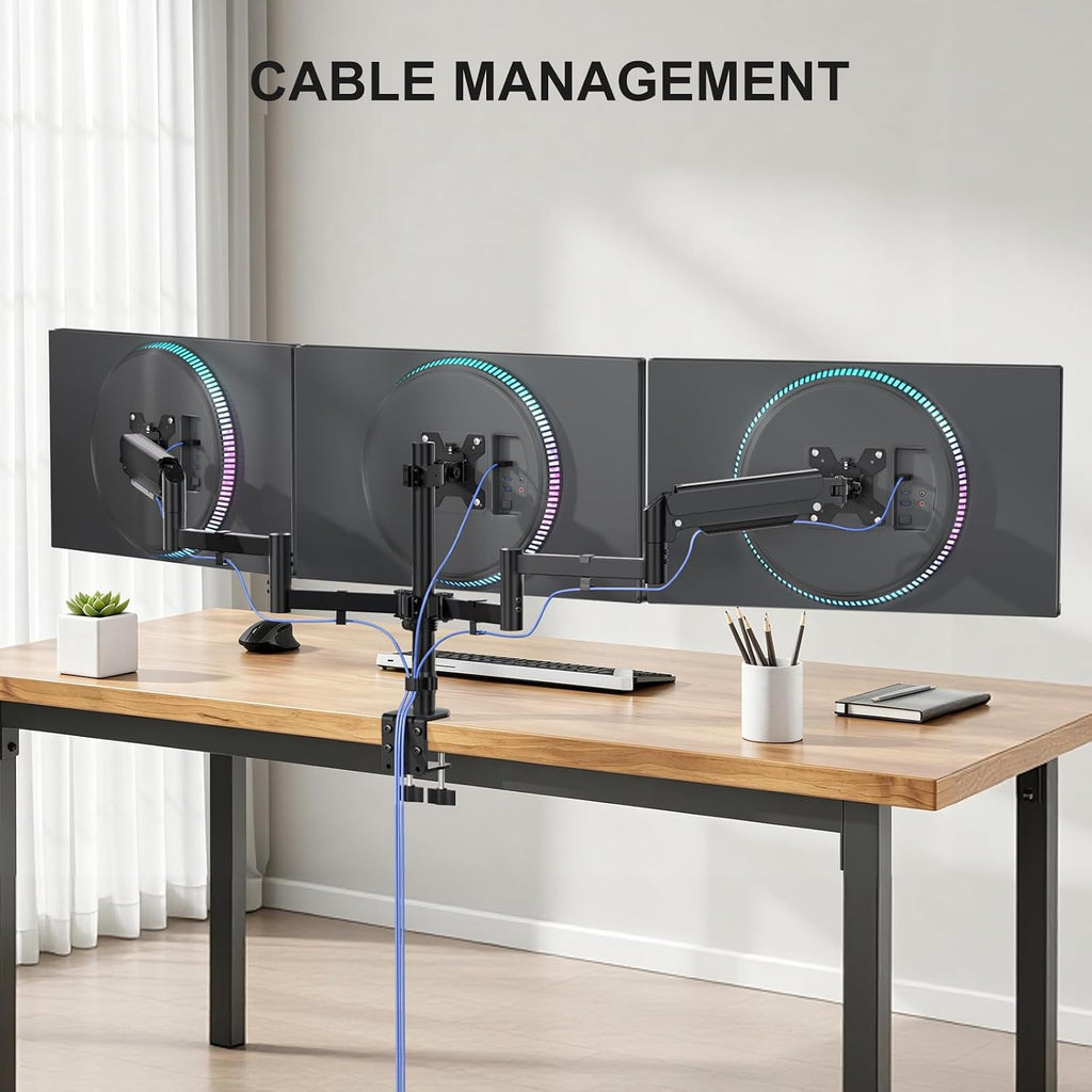 WALI Triple Monitor Mount for 13-27 inch Screens, Adjustable 3 Monitors Desk Mount with Swivel, Tilt, Clamp & Grommet Kit, Gas Spring Arm Triple Monitor Stand, VESA 75x75/100x100mm (GSDM003), Black