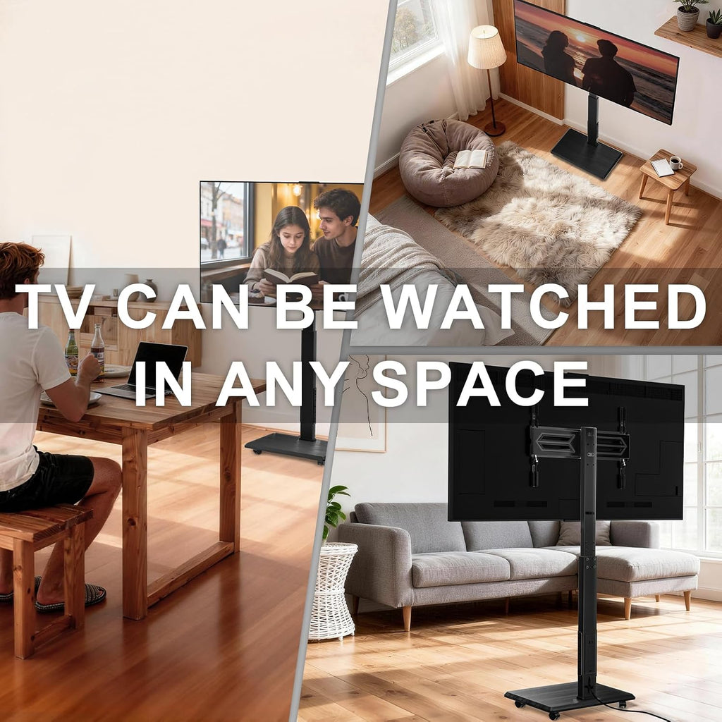 WALI Rolling TV Stand Cart with Power Outlet for 39-75”, Bedroom, Black Supports 110 lbs, 60° swivel & multi-height adjust; built-in 3AC+2USB power hub; lockable rolling wheels for living room, bedroom