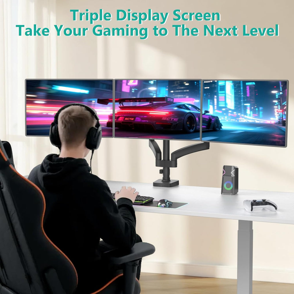 WALI Triple Monitor Mount, 3 Monitor Desk Mount with Premium Gas Spring Arm for Screens up to 27 inch, Multiple Monitors Stand with Tilt, Swivel, Rotation, Mounting Holes 75/100 mm (GSDM003N), Black
