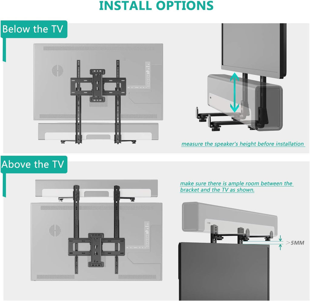 WALI Universal Sound Bar Mount - Adjustable Holder for Samsung, Bose, Sonos,Lg,Vizio and Most Soundbars 20''-45'' Wide, Fits Most 23-65 Inch TVs, Supports 33 lbs, Easy Installation, Black (SBR203)