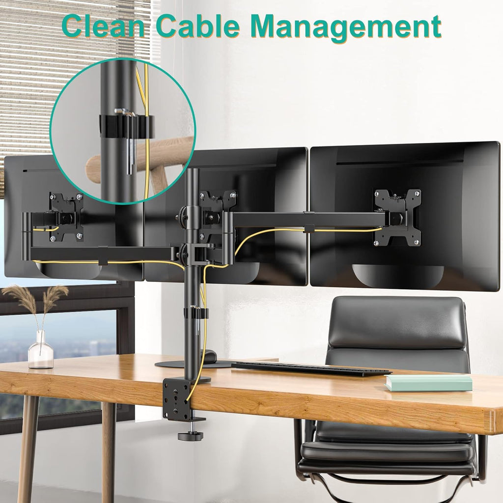 WALI Triple Monitor Mount, 3 Monitor Desk Mount for 13-27 inch Computer Screens, Holds up to 22 lbs, Triple Monitors Stand for Desk, with Tilt, Swivel, Rotation, VESA 75/100mm (M003S), Black