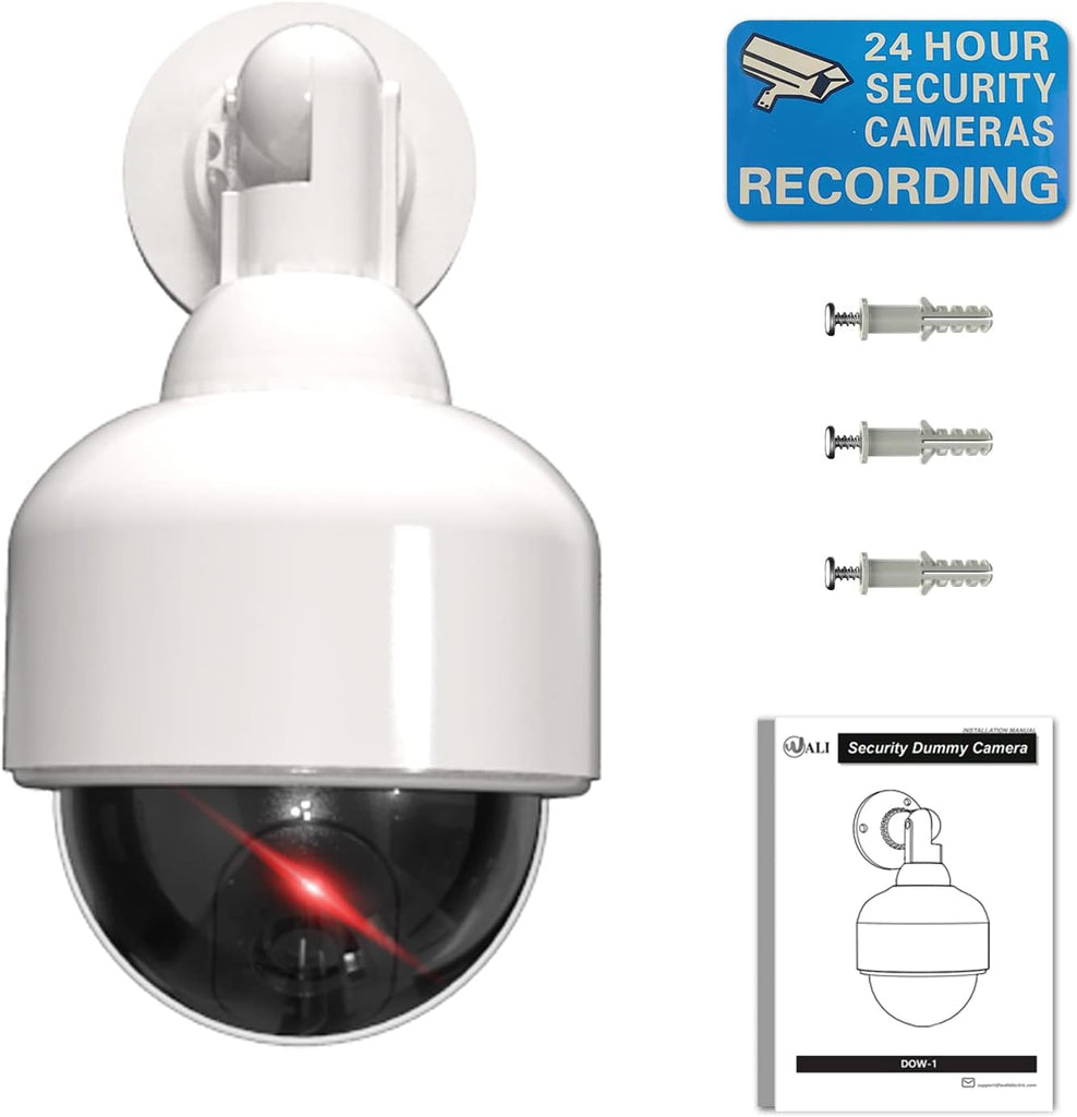 WALI Dummy Fake Security Dome Camera with 1 Flashing Red LED Light and Security Alert Sticker Decal, Indoor Outdoor Use (DOW-1), White