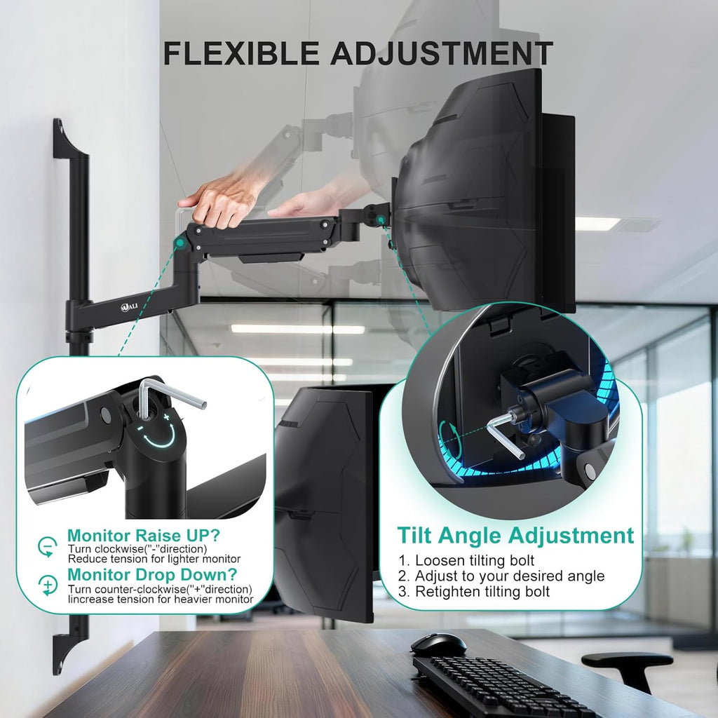 WALI Vertical Dual Monitor Wall Mount for 13-49 inch Screens, Heavy Duty Stacked Dual Monitor Stand for Wall, Adjustable Ultrawide Monitor Arm Wall Mounted, Holds up to 44 lbs (GSWM002-P), Black