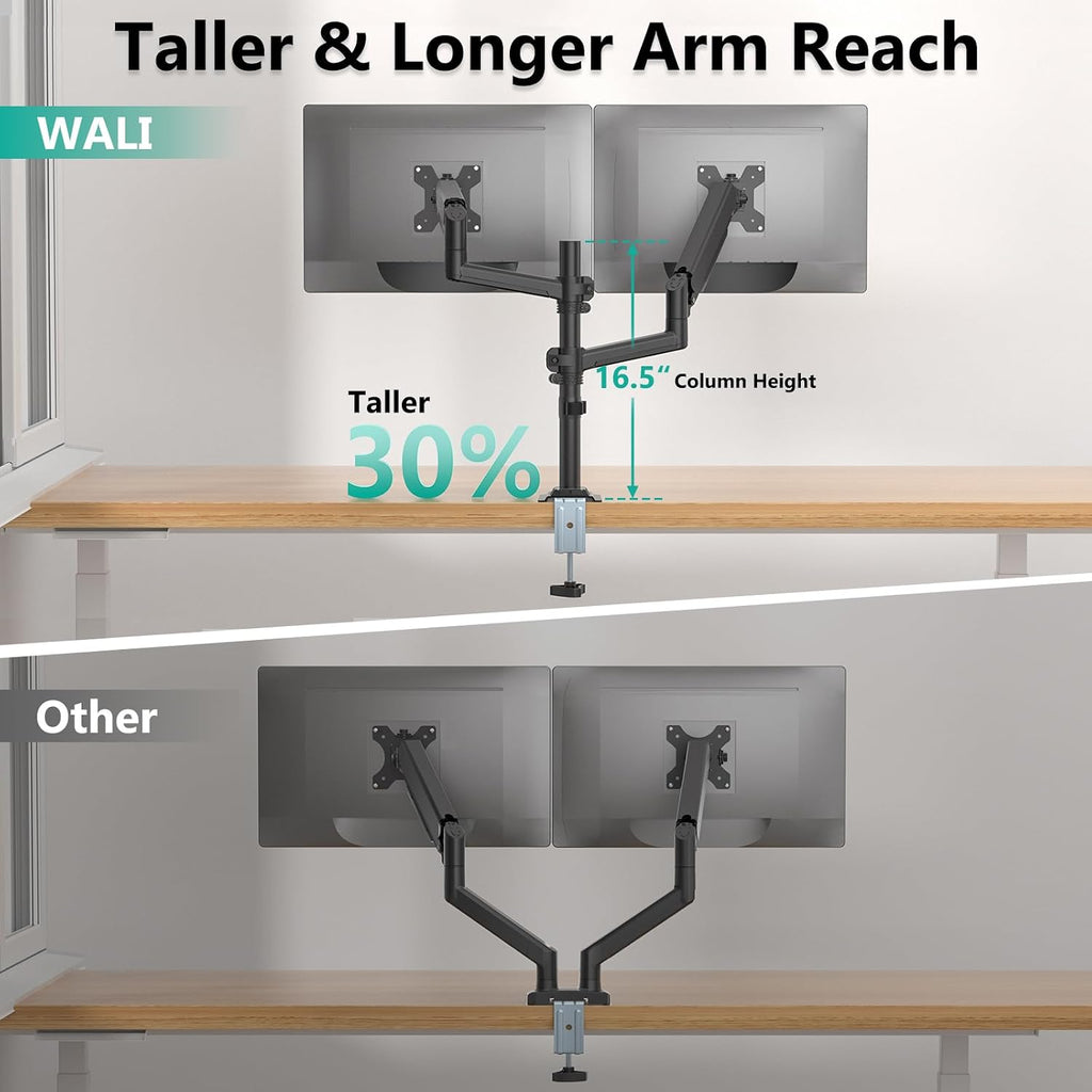 WALI Tall Dual Monitor Desk Mount for 13-33 inch Screens, 19.8 lbs per Arm | Dual Monitor Arms for 2 Monitors, Full Motion with Tilt, Swivel, Rotation, C-Clamp & Grommet, VESA 75/100mm (GSDM002), Black