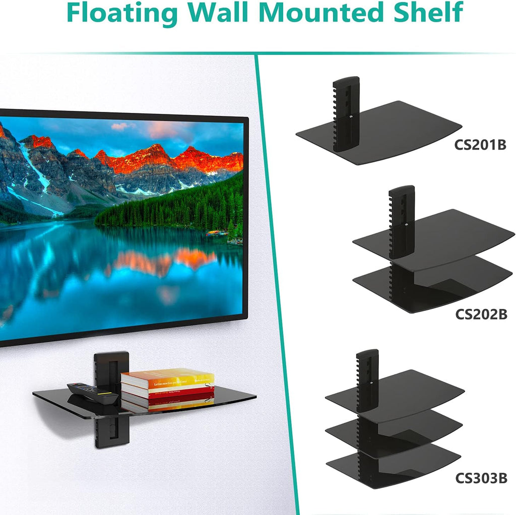 WALI Floating Entertainment Center Shelves, Holds Up to 17.6lbs, TV Shelf with Strengthened Tempered Glasses for DVD Players, Cable Boxes, Games Consoles, TV Accessories (CS201B), 1 Shelf, Black