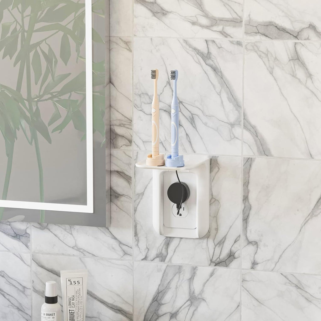 WALI Outlet Shelf Wall Holder,Bathroom Walls Shelves up to 10lbs Standard Vertical Duplex Wall Shelf Organizer for Smart Home Decor Space Saving Power Tools, Toothbrush (OLS002-W), 2 Pack, White