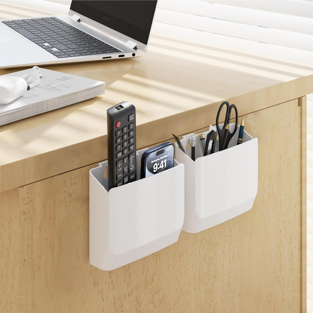 WALI Remote Control Holder Wall Mount 2 Pack, 5 Inch Hole-Free TV Remote Holder Wall Mount No Need to Drill Holes Adhesive for 2 or 3 Remote Controls, White (WMH001-W)