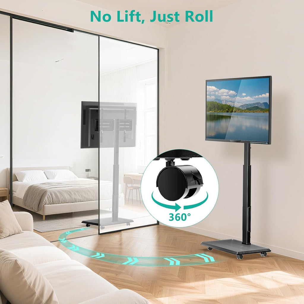 WALI Floor TV Stand with Power Outlet, Rolling Tall TV Stand Mount with Wheels for 32-75 inch TV up to 110 lbs, Swivel Height Adjustable TV Cart with Wood Base for Bedroom(TVDVD-7PR), Black