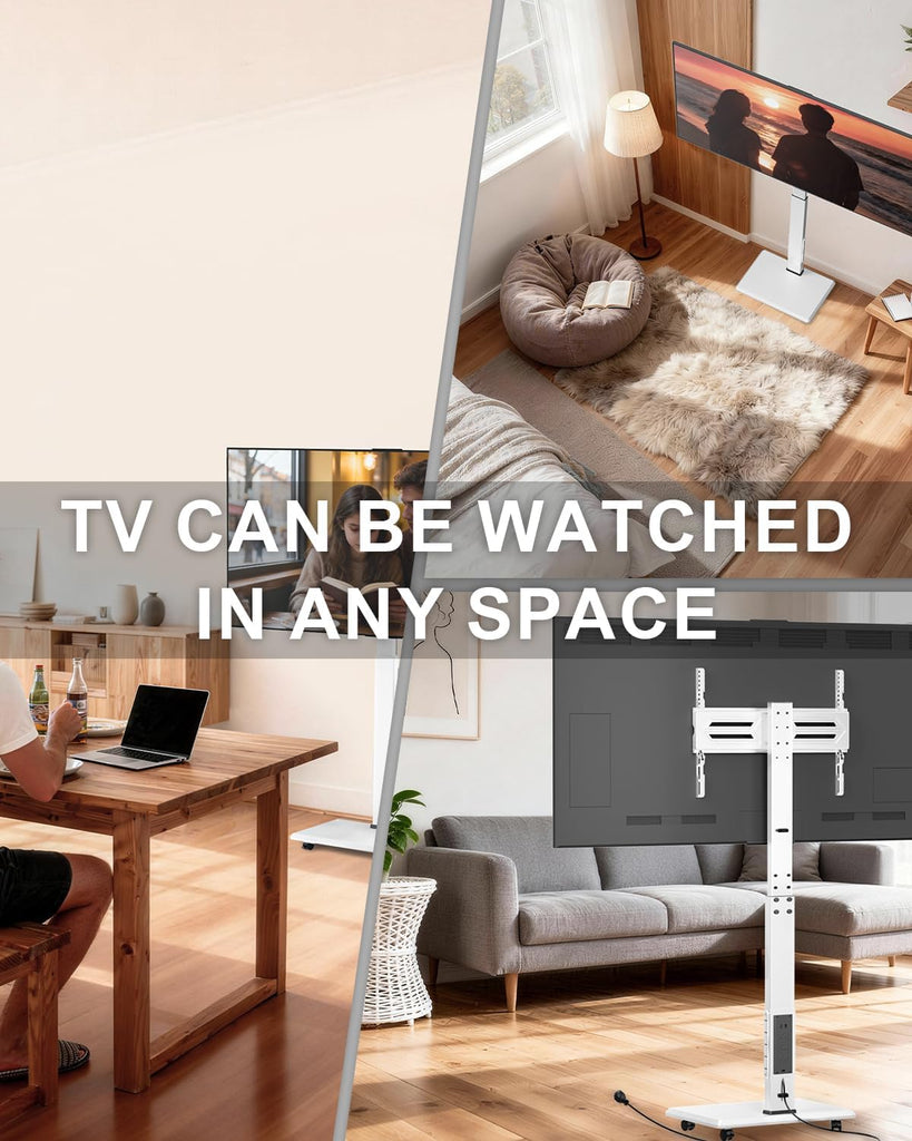 WALI Rolling TV Stand with Power Outlet, Mobile Tall TV Stand Mount on Wheels for 39-75 inch TV up to 110 lbs, Swivel Height Adjustable TV Cart with Wood Base for Bedroom(TVDVD-7PRW), White